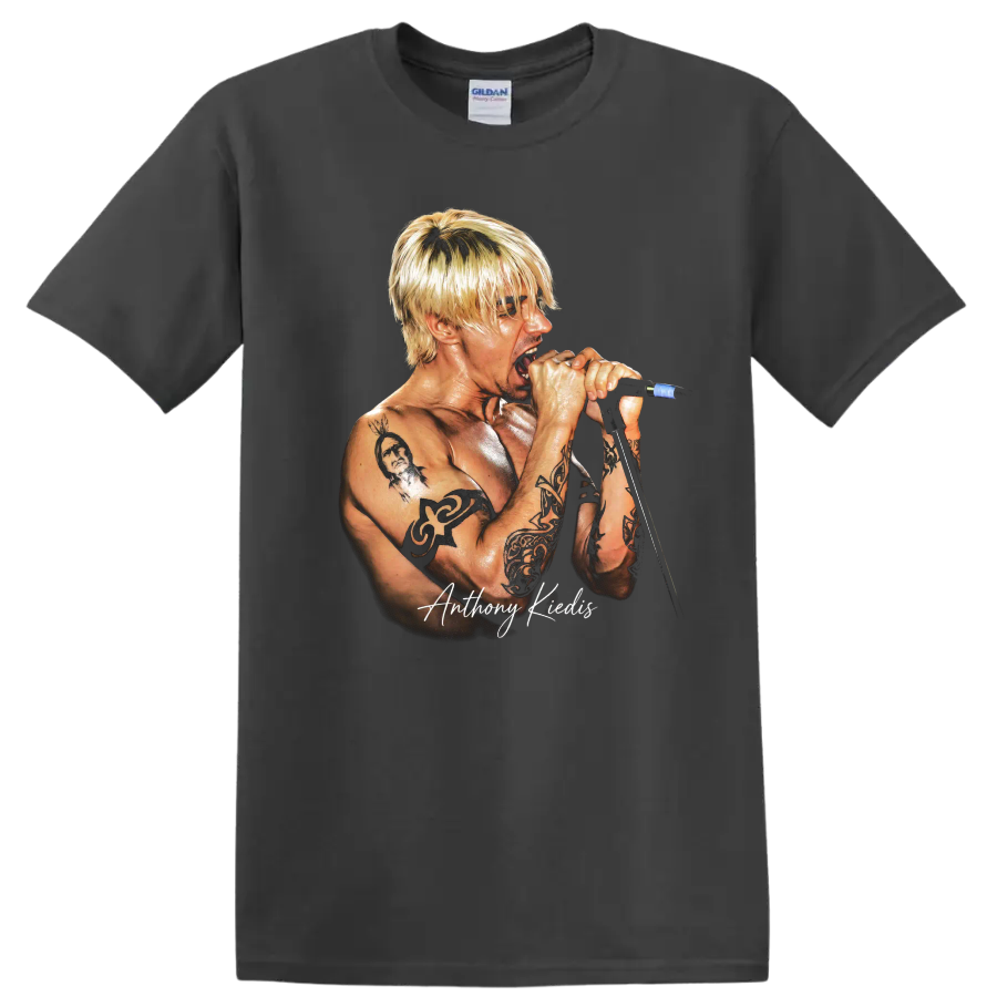 Anthony Kiedis performing into a microphone, detailed rock music portrait on a Charcoal T Shirt