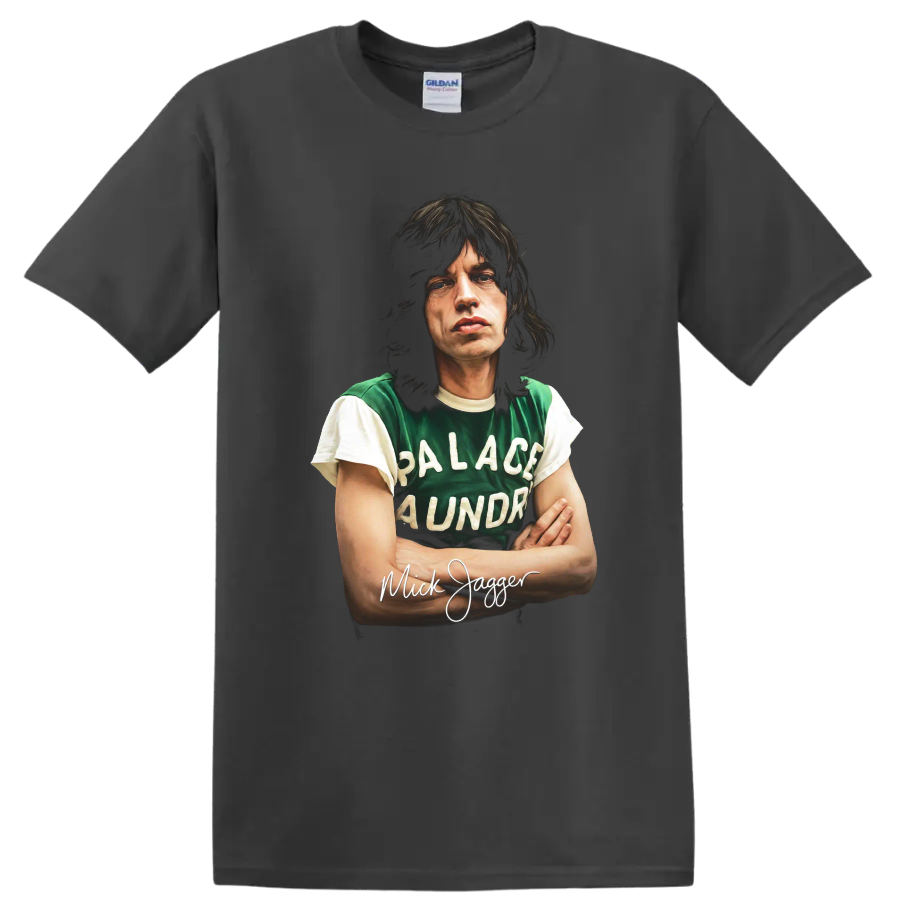 Mick Jagger Palace Laundry portrait graphic with handwritten name on a Charcoal T Shirt