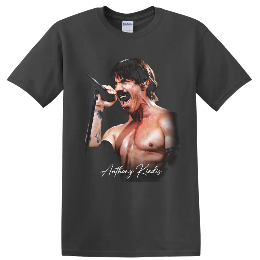 Anthony Kiedis singing into a microphone, rock portrait graphic on a Charcoal T Shirt