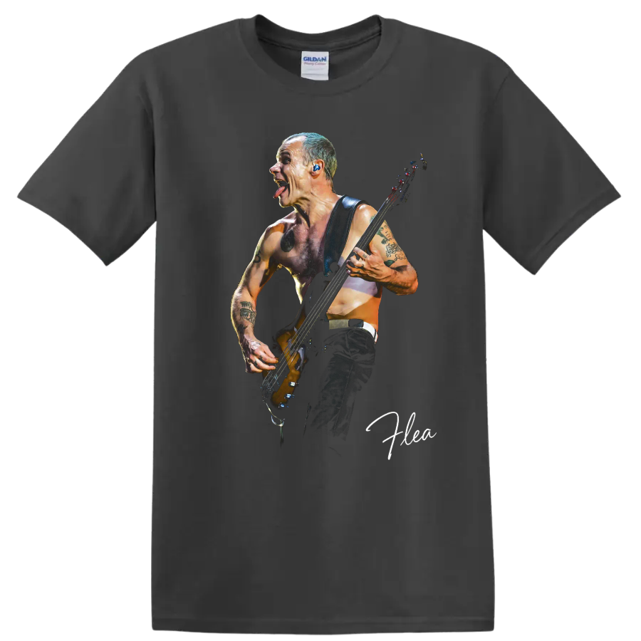 Flea playing bass in a dynamic Red Hot Chili Peppers graphic on a Charcoal T Shirt