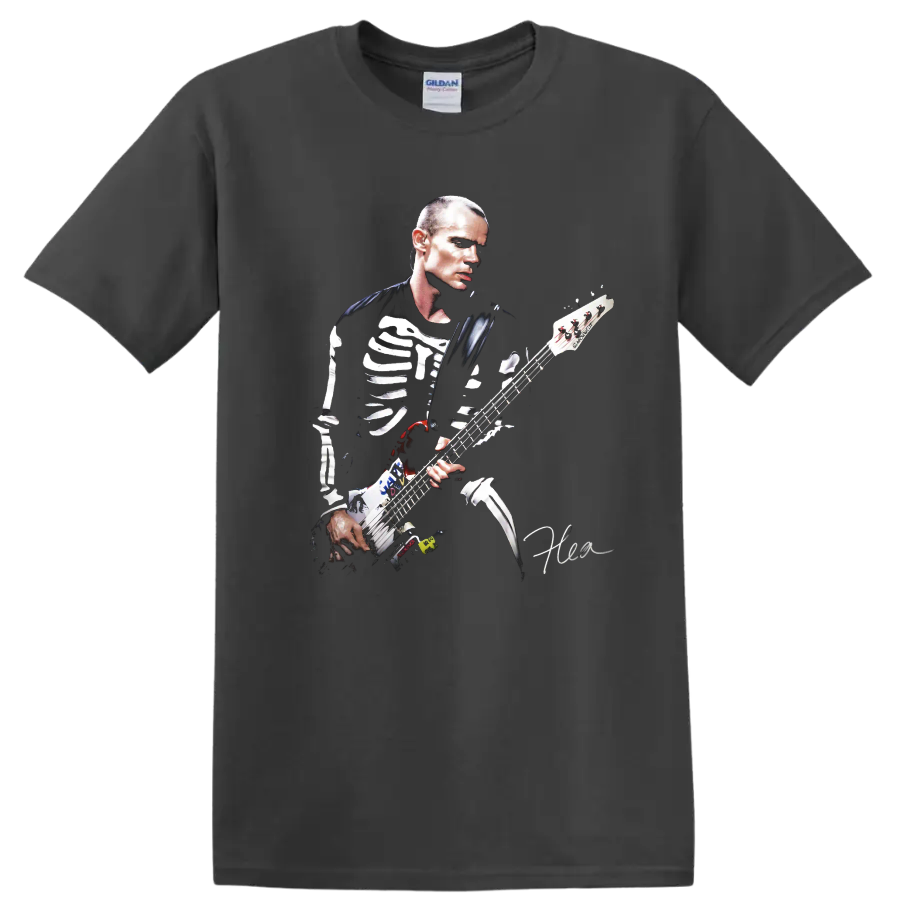 Flea playing bass in a dramatic Red Hot Chili Peppers poster design on a Charcoal T Shirt