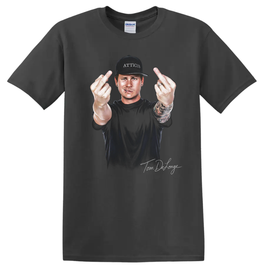 Tom DeLonge Blink-182 pop-punk portrait with rebellious hand gesture on a Charcoal T Shirt