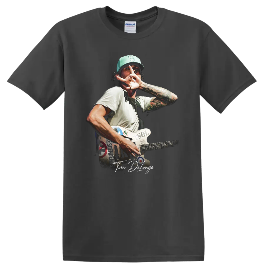 Tom DeLonge Blink-182 pop-punk guitar concert graphic on a Charcoal T Shirt