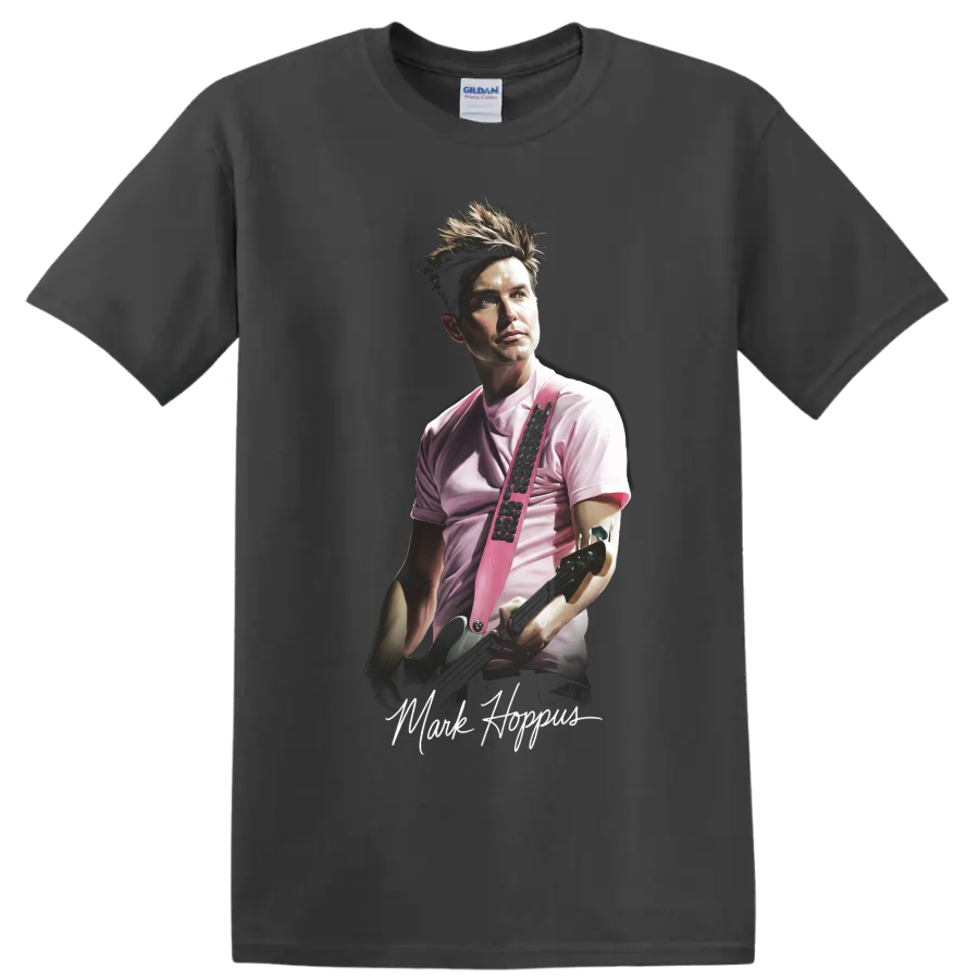 Mark Hoppus blink-182 pop-punk portrait holding a guitar on a Charcoal T Shirt