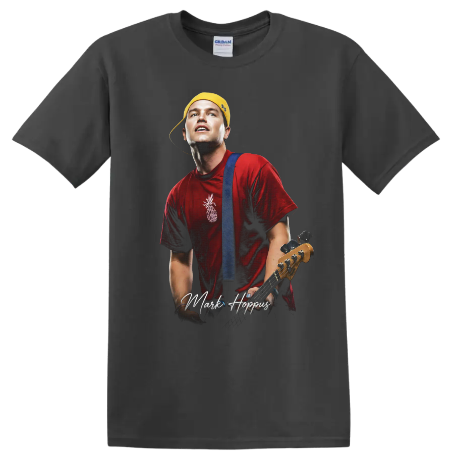 Mark Hoppus Blink-182 pop-punk portrait with bass guitar on a Charcoal T Shirt