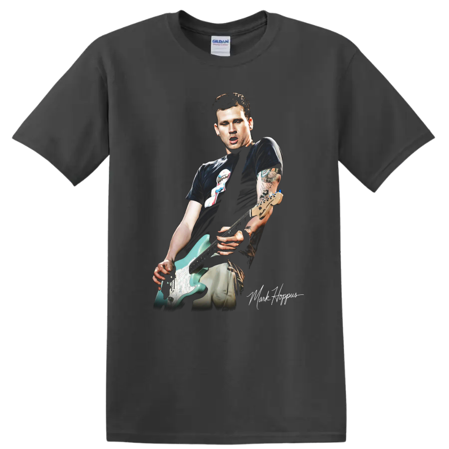 Mark Hoppus of Blink-182 playing an electric guitar in pop-punk graphic art on a Charcoal T Shirt