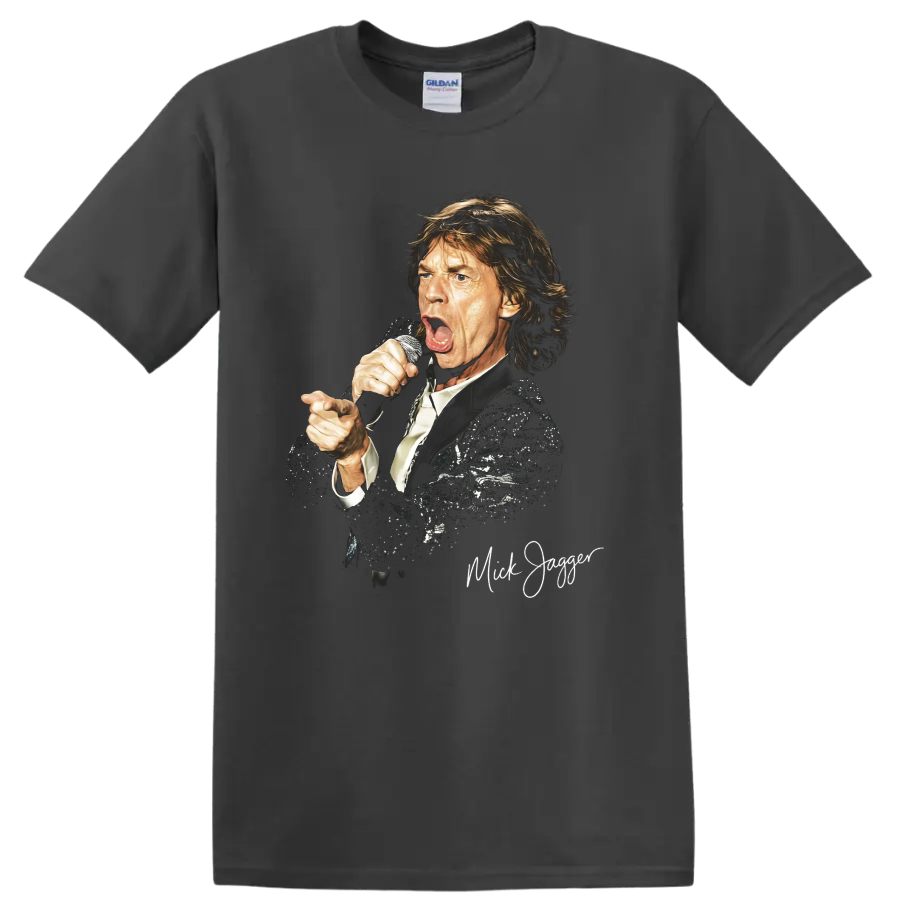 Mick Jagger The Rolling Stones performance portrait graphic print on a Charcoal T Shirt