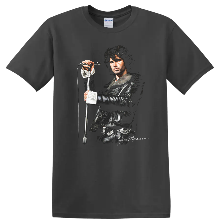 Jim Morrison of The Doors black and white rock portrait with microphone on a Charcoal T Shirt