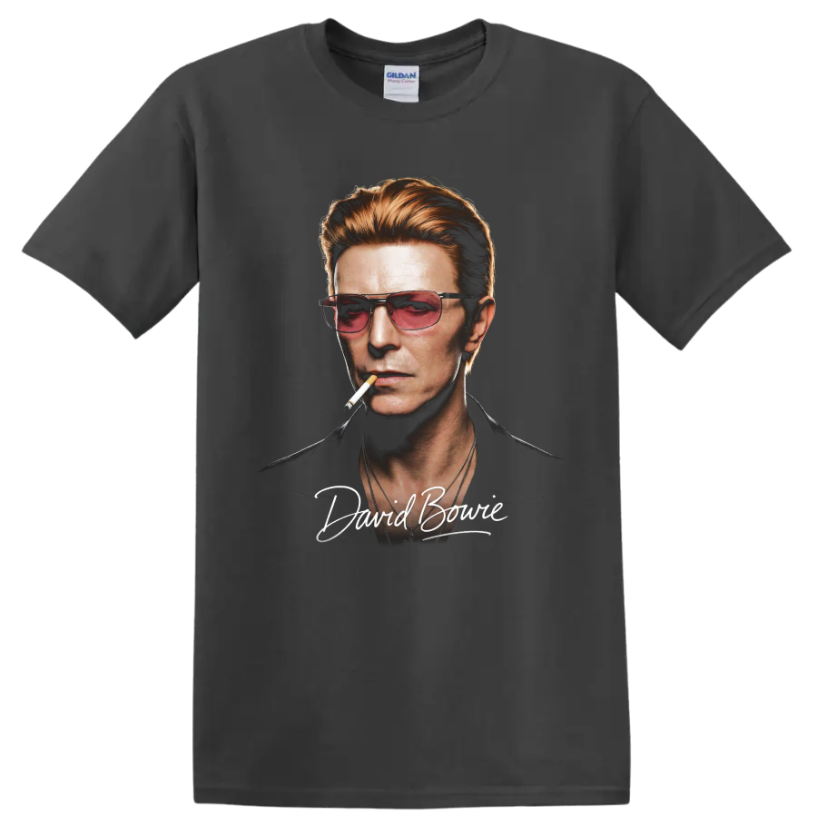 David Bowie portrait graphic with sunglasses, cigarette, and signature text on a Charcoal T Shirt