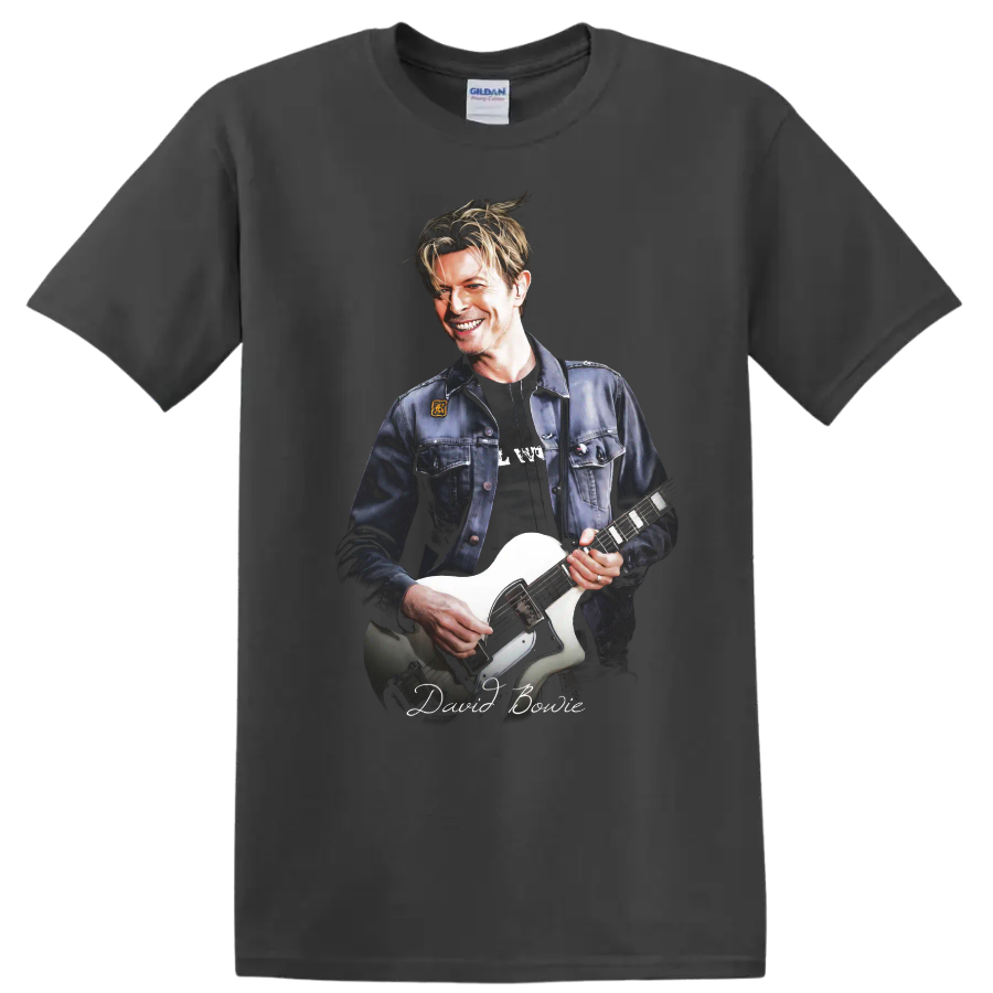 David Bowie portrait playing a white electric guitar graphic print on a Charcoal T Shirt