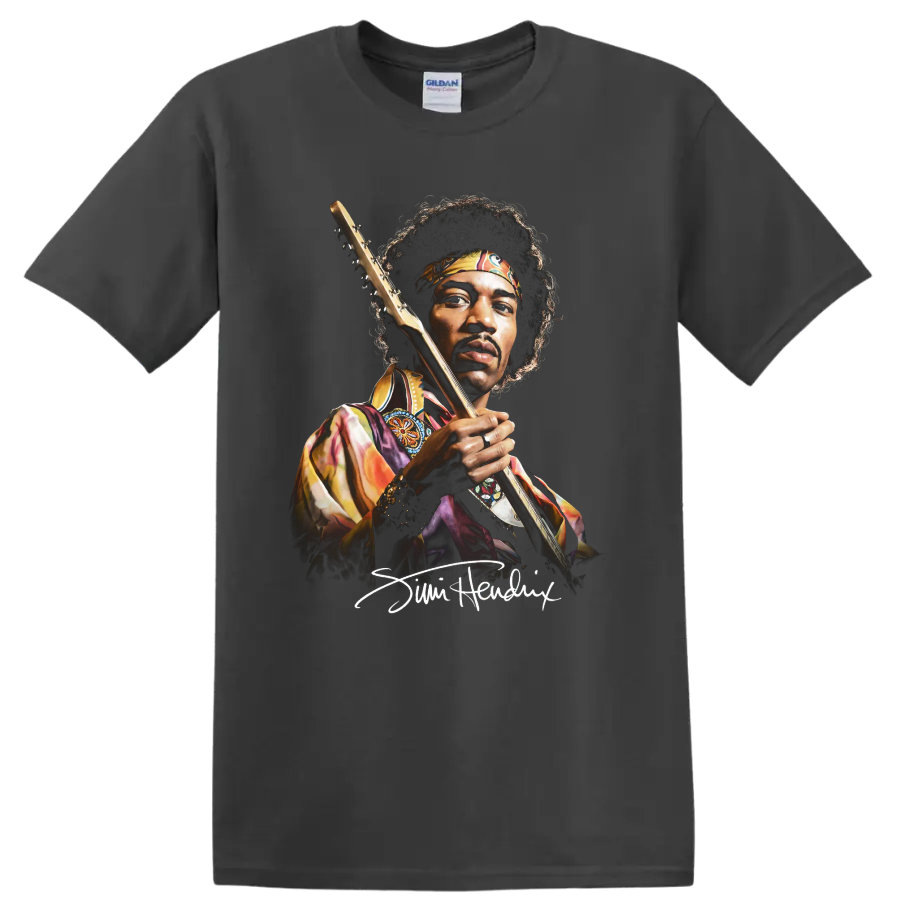 Jimi Hendrix watercolor portrait holding a guitar on a Charcoal T Shirt