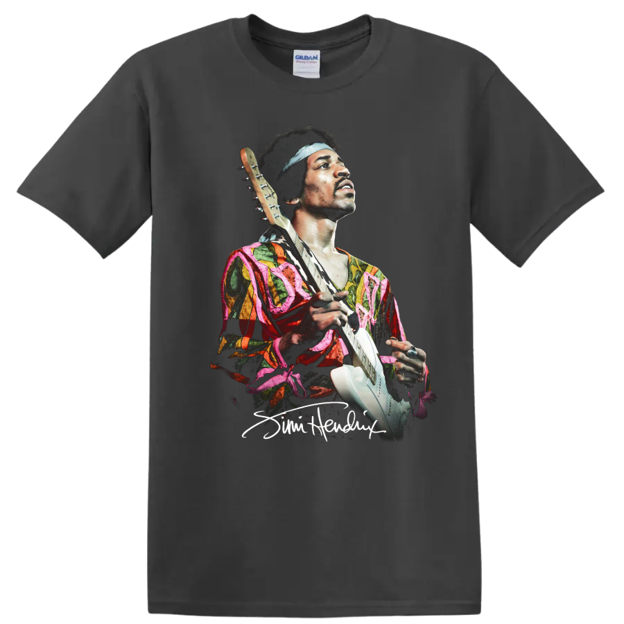 Jimi Hendrix psychedelic portrait holding an electric guitar on a Charcoal T Shirt