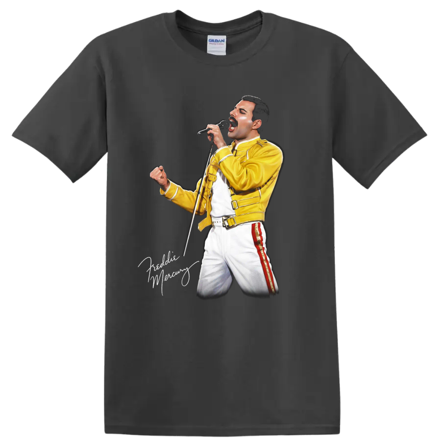 Freddie Mercury performing in yellow 1986 Magic Tour outfit graphic on a Charcoal T Shirt
