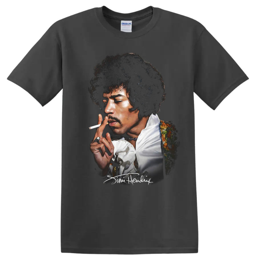 Jimi Hendrix psychedelic rock portrait with signature on a Charcoal T Shirt