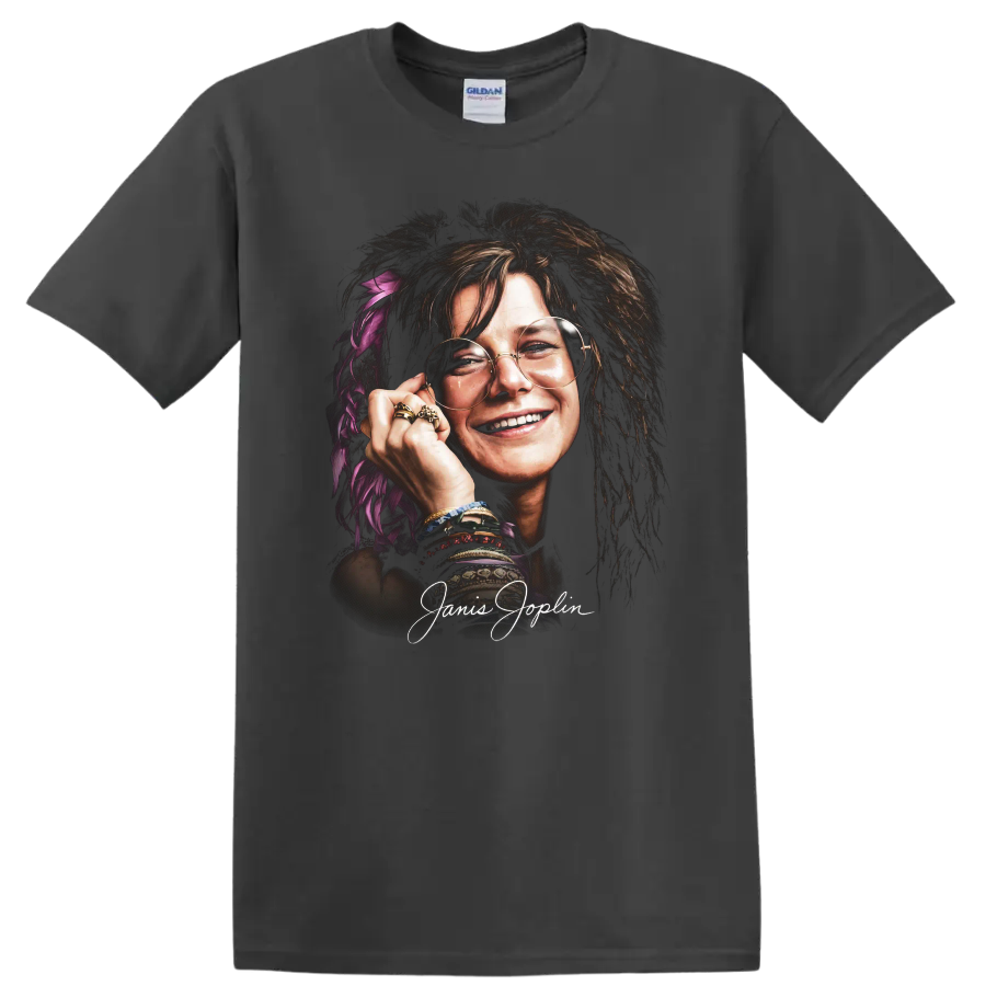 Janis Joplin psychedelic soul portrait graphic print on a Charcoal T Shirt