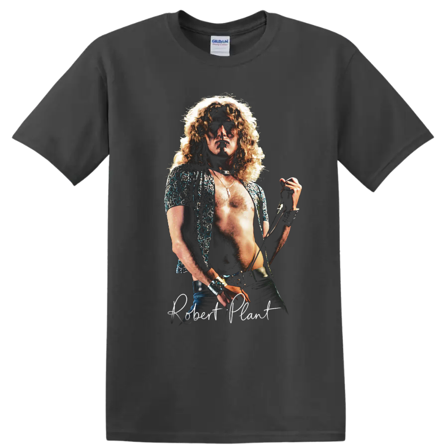 Robert Plant Led Zeppelin vintage rock singer portrait on a Charcoal T Shirt