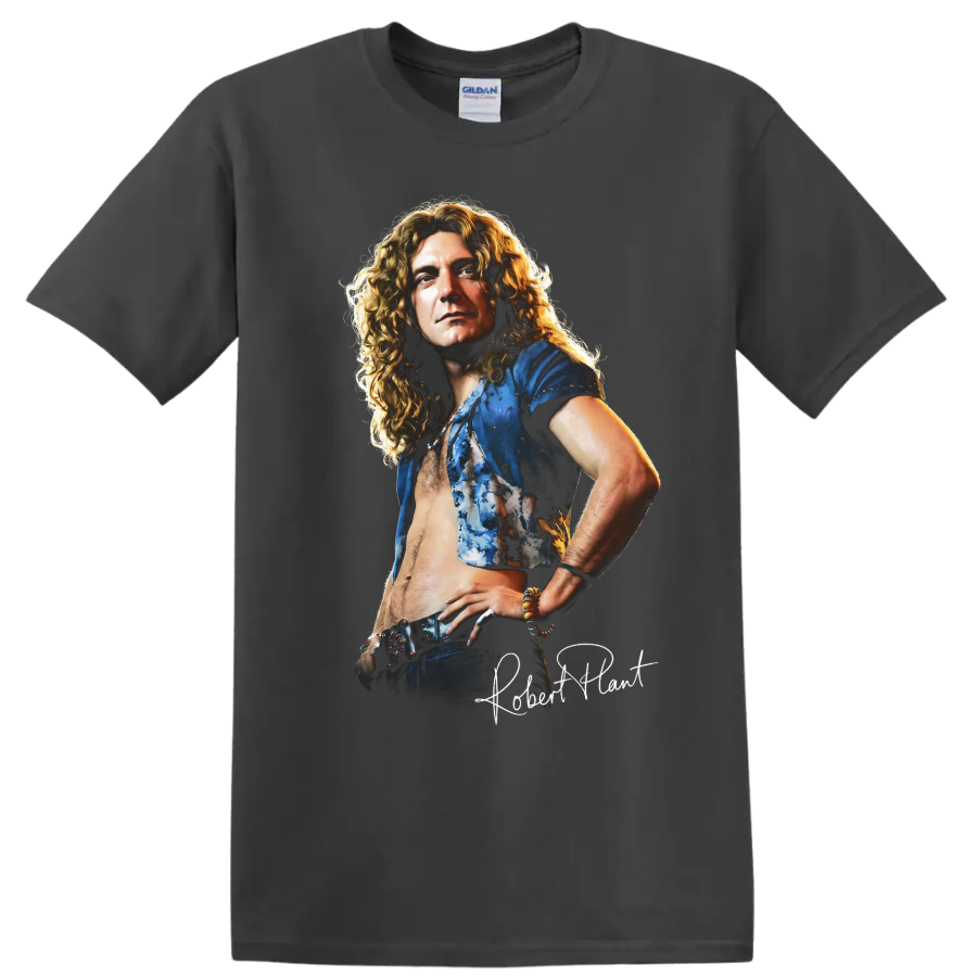 Robert Plant Led Zeppelin rock music portrait graphic print on a Charcoal T Shirt