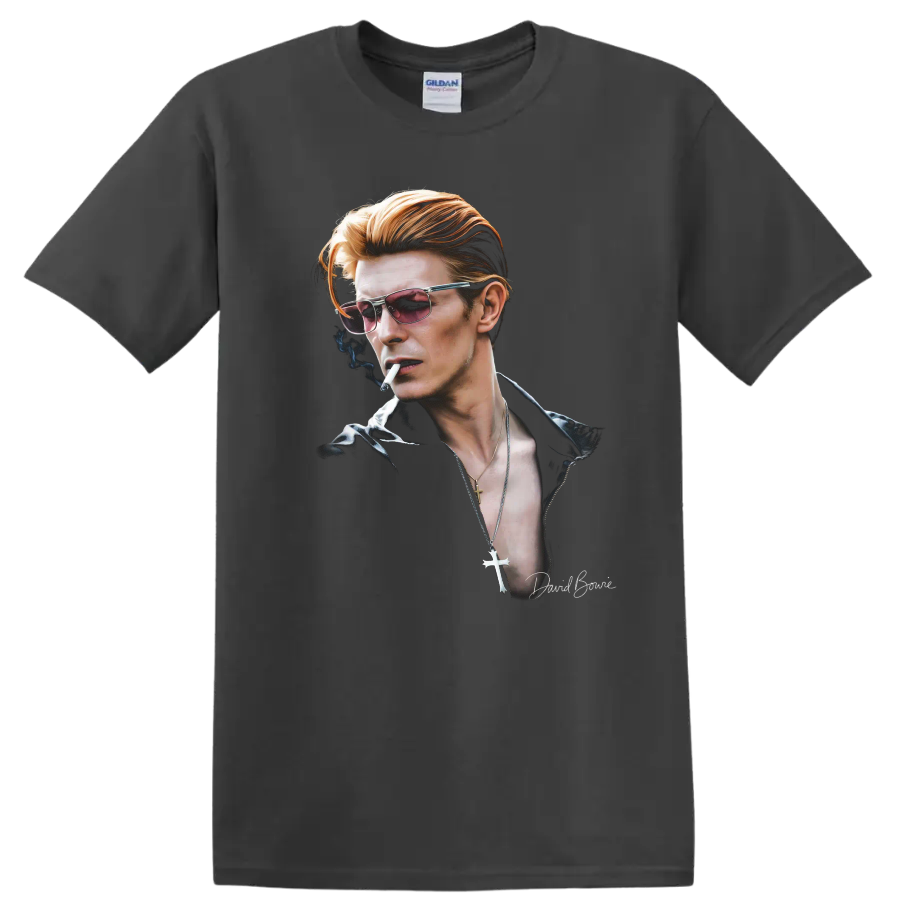 David Bowie Thin White Duke portrait in a moody glam rock style on a Charcoal T Shirt