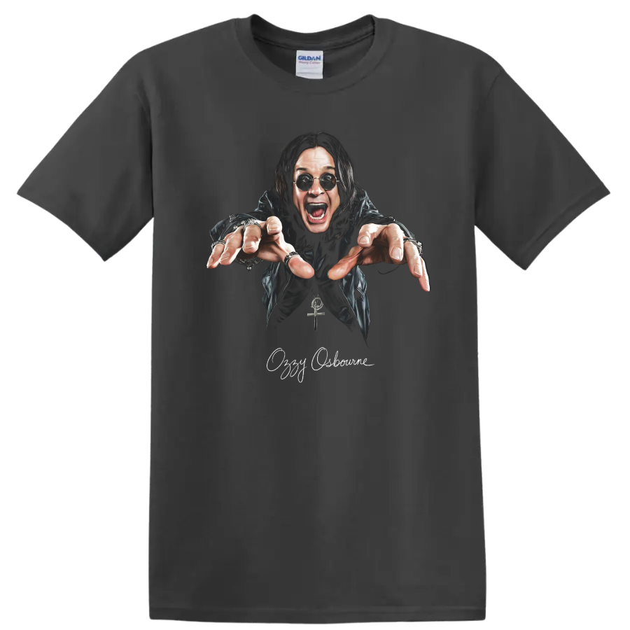 Ozzy Osbourne heavy metal portrait graphic with dramatic reaching pose on a Charcoal T Shirt