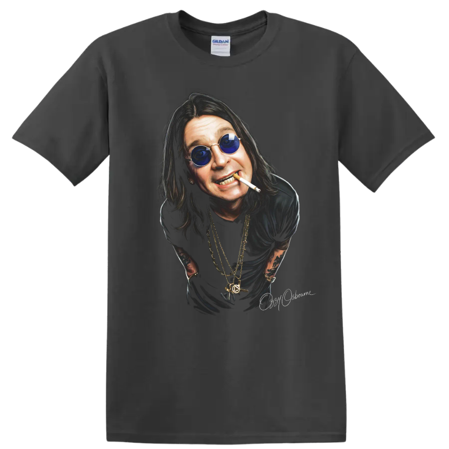 Ozzy Osbourne Black Sabbath heavy metal portrait graphic with blue glasses on a Charcoal T Shirt