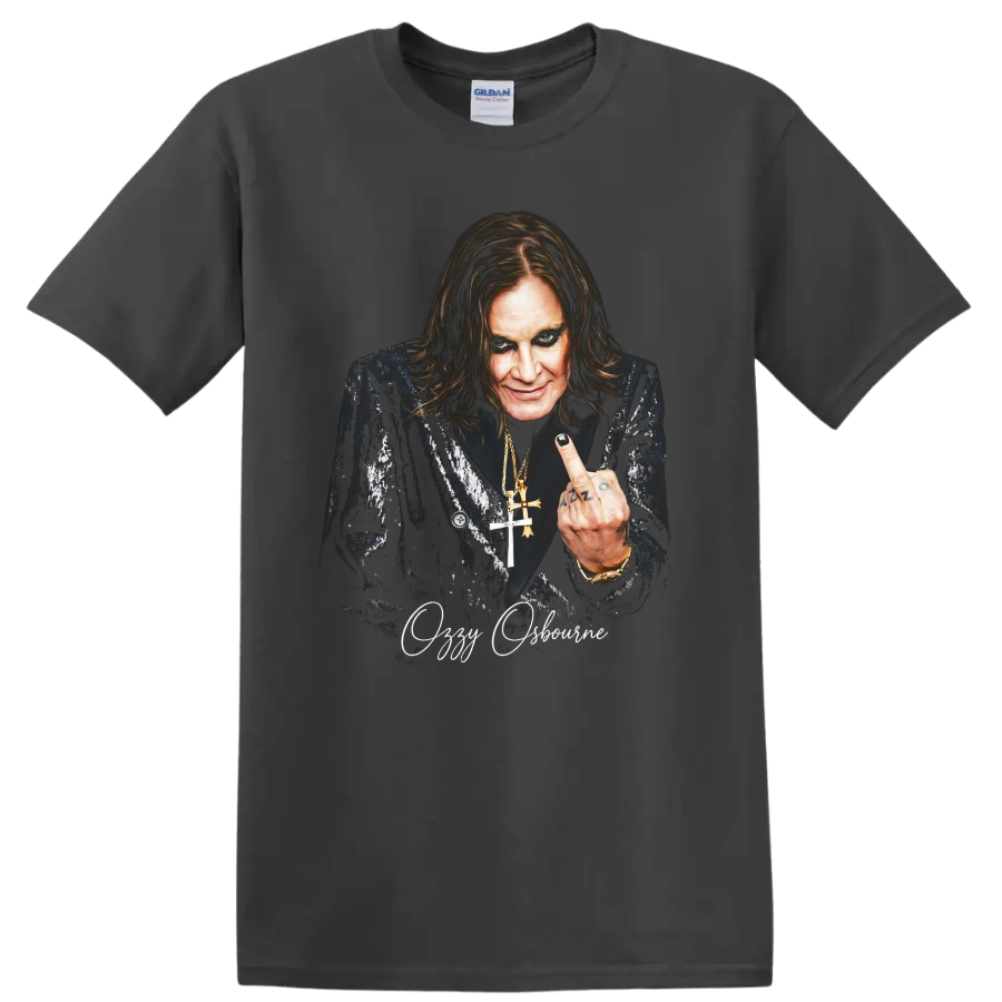 Ozzy Osbourne portrait in a dark heavy metal graphic with script text on a Charcoal T Shirt