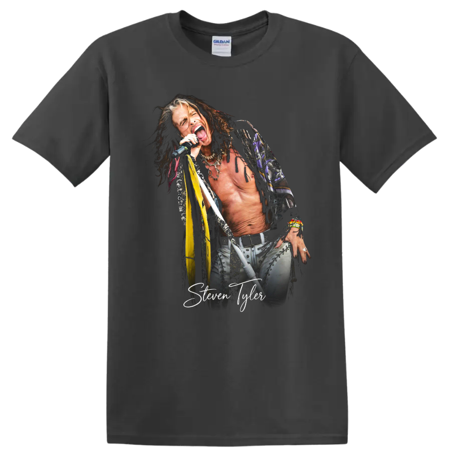 Steven Tyler Aerosmith rock singer portrait with signature graphic on a Charcoal T Shirt