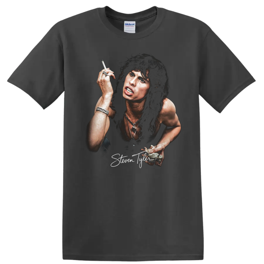 Steven Tyler Aerosmith rock portrait graphic print on a Charcoal T Shirt