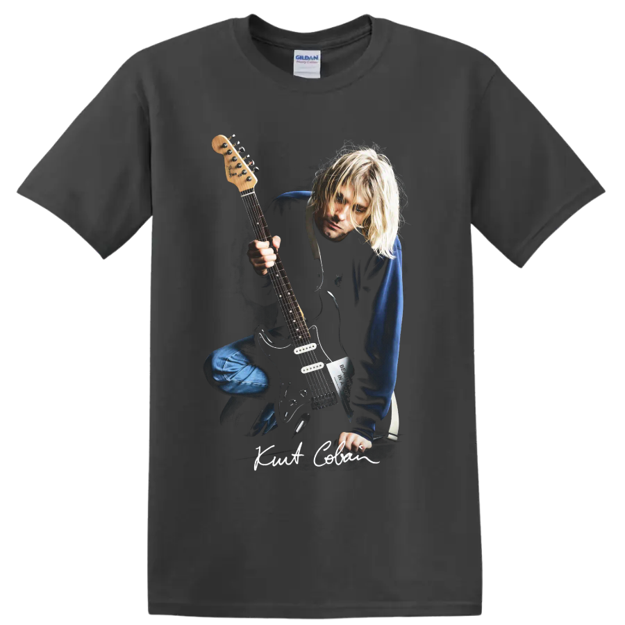 Kurt Cobain grunge portrait holding an electric guitar on a Charcoal T Shirt