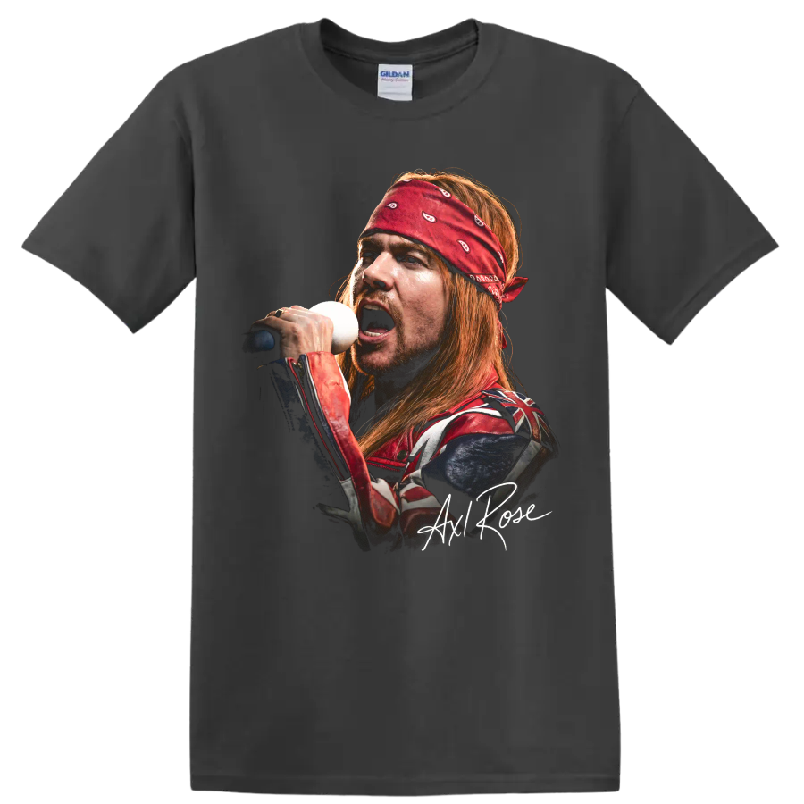 Axl Rose Guns N' Roses hard rock vocalist portrait with signature on a Charcoal T Shirt