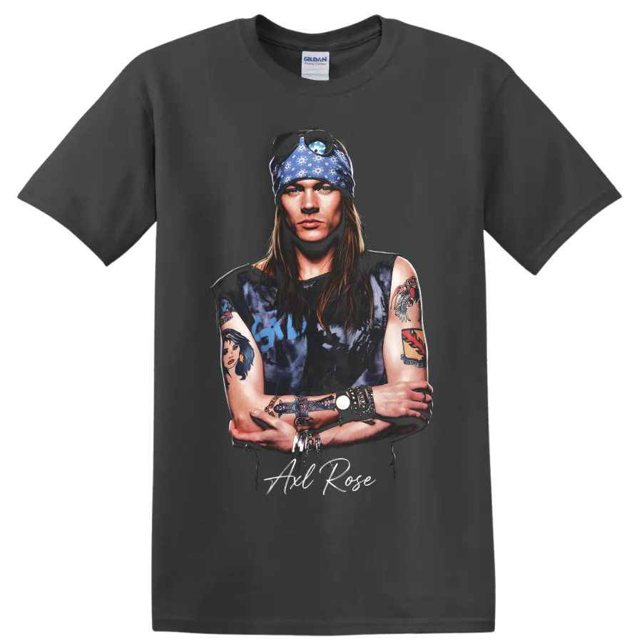 Axl Rose Guns N' Roses pop-art portrait with blue bandana on a Charcoal T Shirt