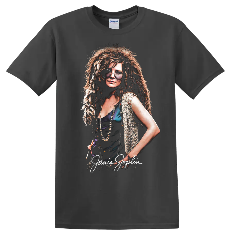 Janis Joplin pop-art rock portrait with handwritten name on a Charcoal T Shirt