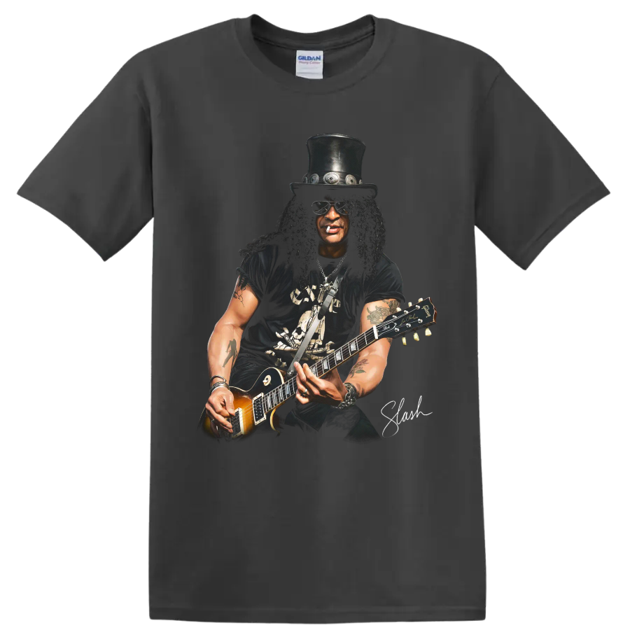 Slash Guns N' Roses guitarist portrait with top hat and electric guitar on a Charcoal T Shirt
