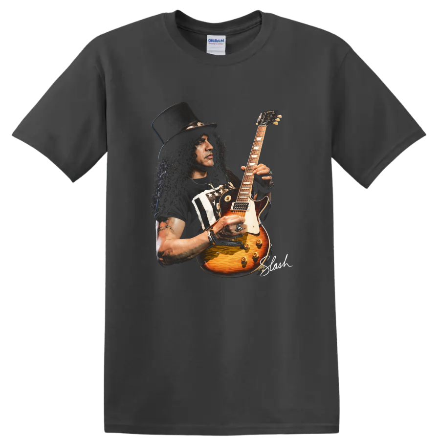 Slash portrait playing a sunburst Gibson Les Paul-style electric guitar on a Charcoal T Shirt