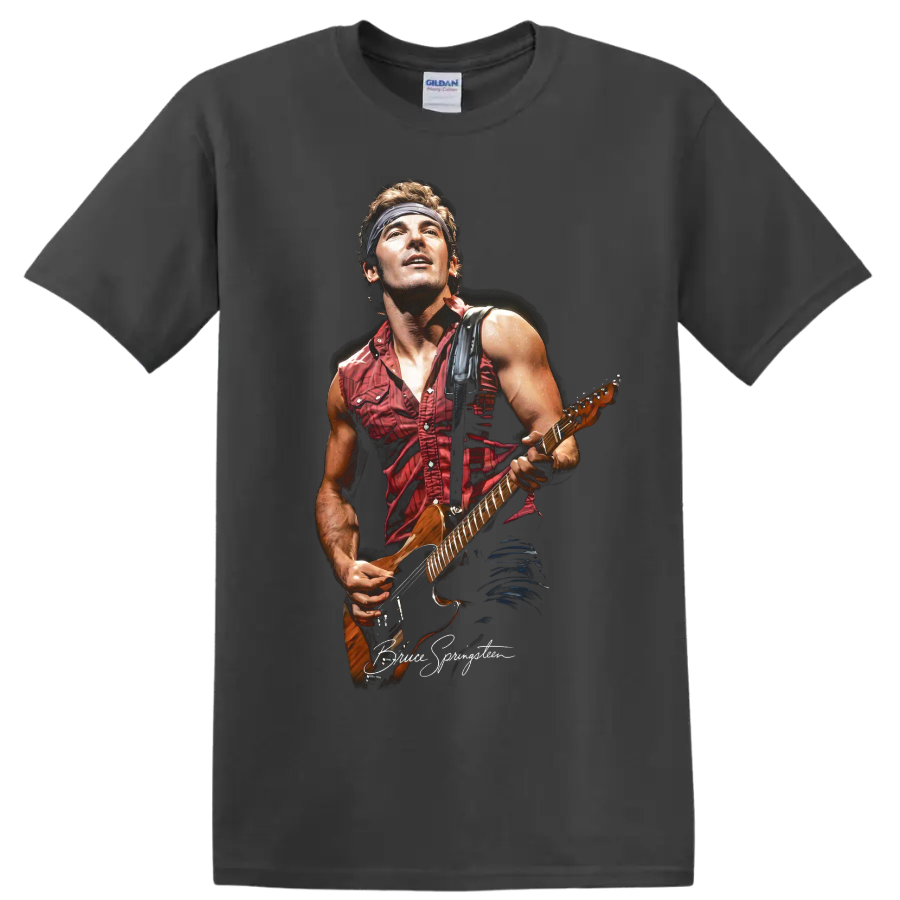 Bruce Springsteen pop-art portrait performing with an electric guitar on a Charcoal T Shirt