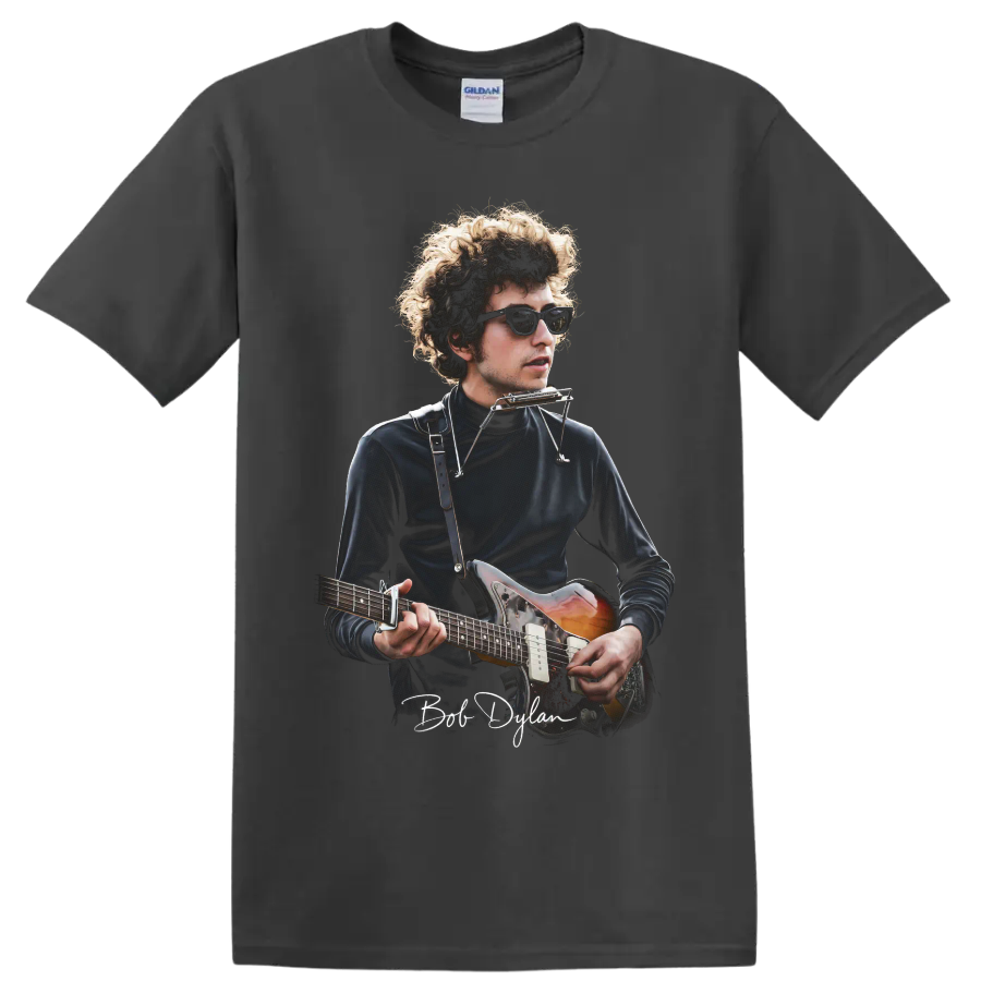 Bob Dylan folk rock portrait with guitar and harmonica on a Charcoal T Shirt