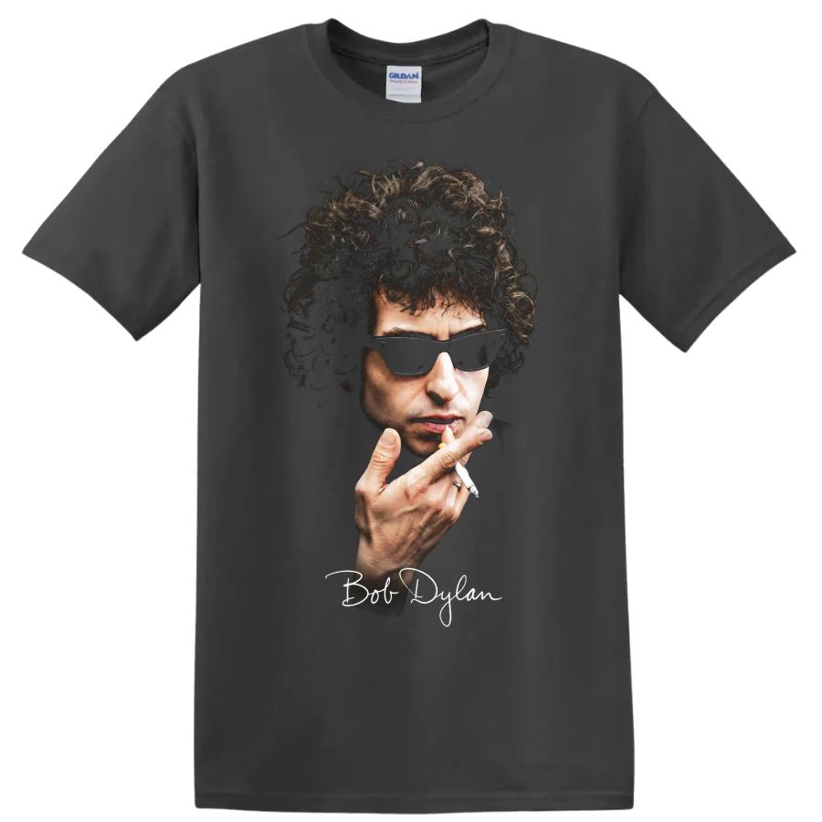 Stylized Bob Dylan portrait with sunglasses and signature on a Charcoal T Shirt