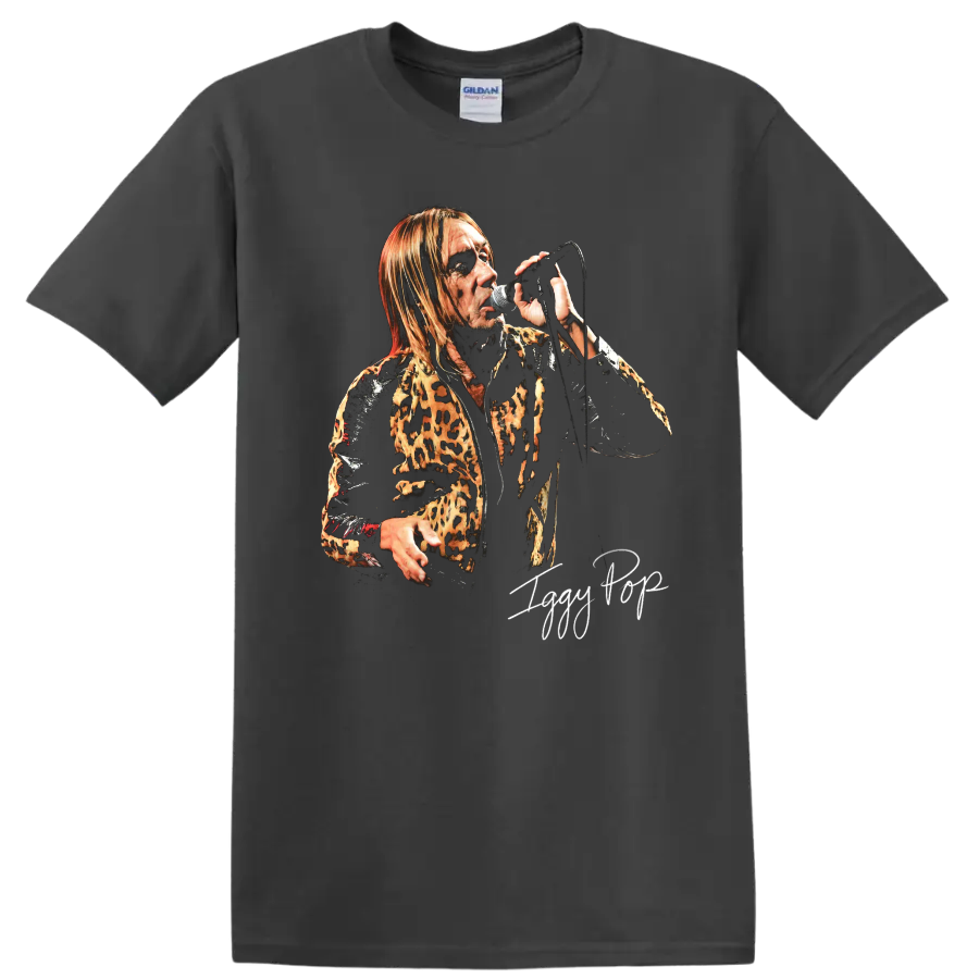 Iggy Pop punk rock portrait performing with a microphone and leopard print jacket on a Charcoal T Shirt