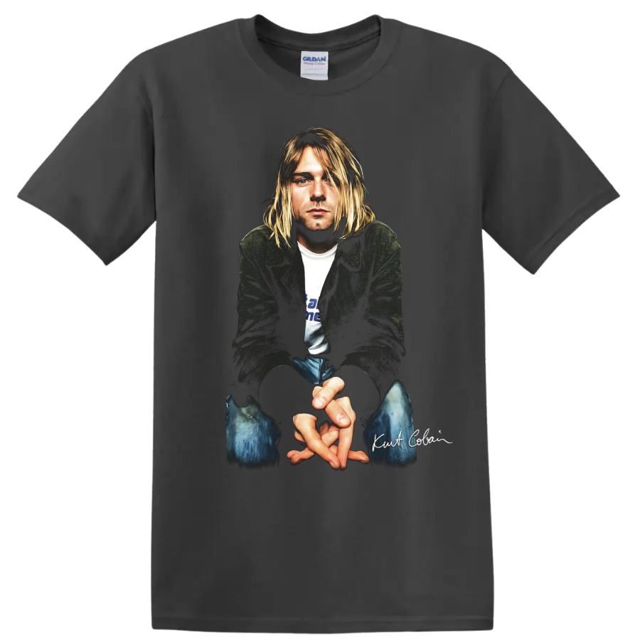 Kurt Cobain Nirvana grunge rock portrait graphic print on a Charcoal T Shirt