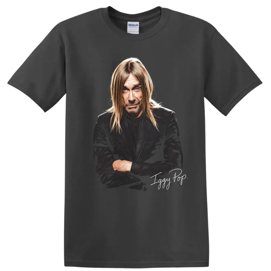 Iggy Pop portrait graphic with The Stooges rock style and signature on a Charcoal T Shirt