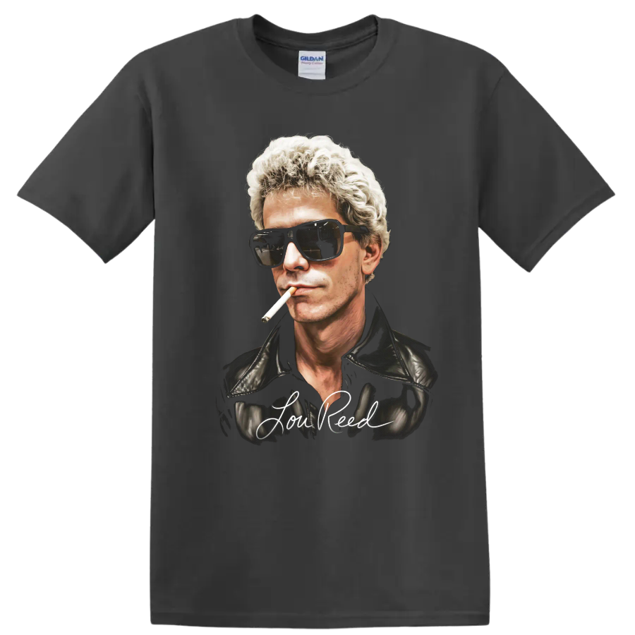 Lou Reed portrait with sunglasses, cigarette, leather jacket, and signature lettering on a Charcoal T Shirt