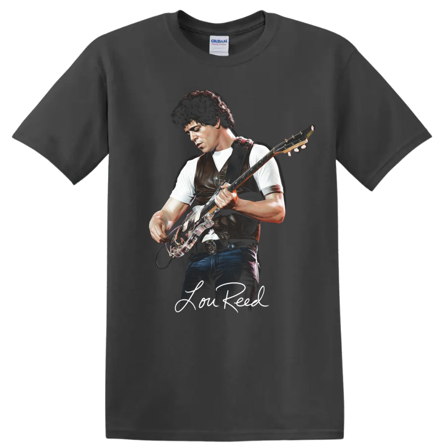 Lou Reed guitar portrait with signature, rock music graphic print on a Charcoal T Shirt