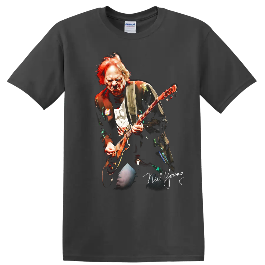 Neil Young playing Old Black Les Paul in a dramatic rock graphic on a Charcoal T Shirt