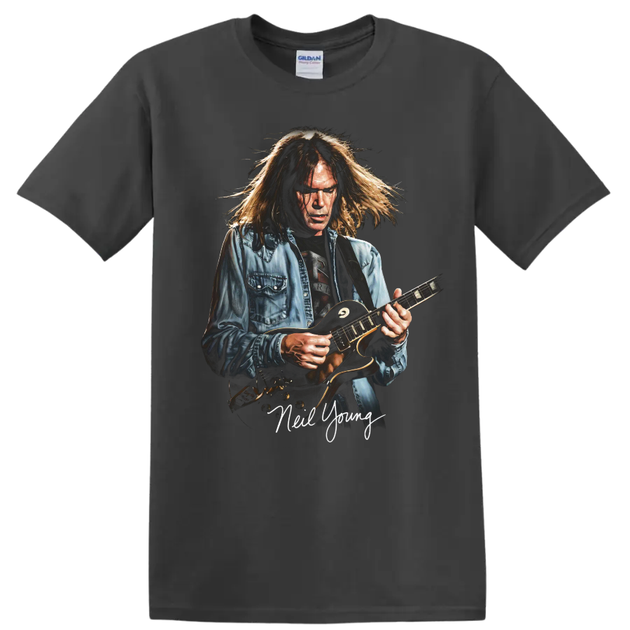 Neil Young vintage-style rock guitar portrait with handwritten name on a Charcoal T Shirt