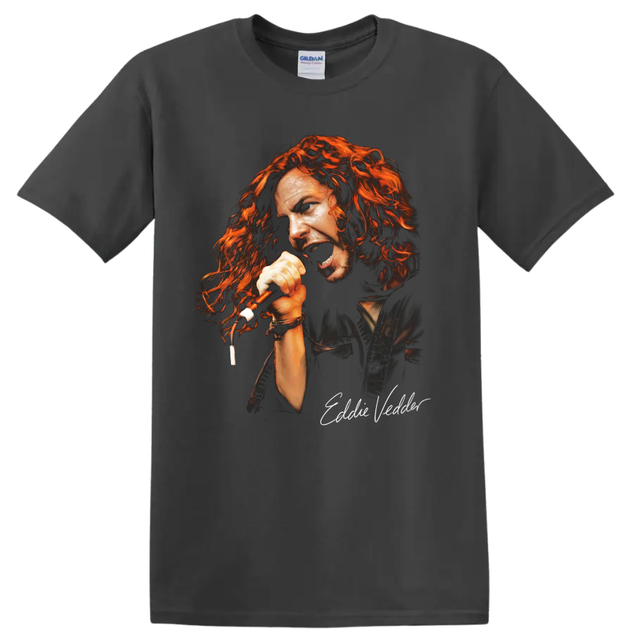Eddie Vedder grunge rock vocalist portrait graphic on a Charcoal T Shirt