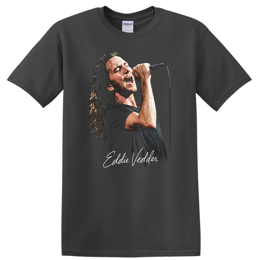 Eddie Vedder singing into a microphone in a distressed grunge portrait on a Charcoal T Shirt