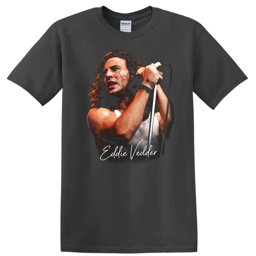 Eddie Vedder Pearl Jam grunge portrait with microphone and script text on a Charcoal T Shirt