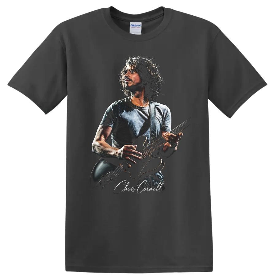 Chris Cornell grunge rock portrait playing electric guitar on a Charcoal T Shirt