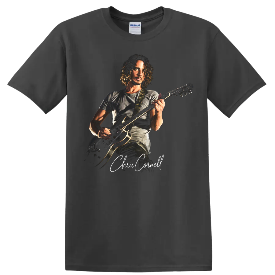 Chris Cornell playing guitar in a dramatic rock portrait with signature on a Charcoal T Shirt