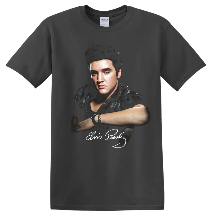 Elvis Presley rock and roll portrait with signature graphic on a Charcoal T Shirt