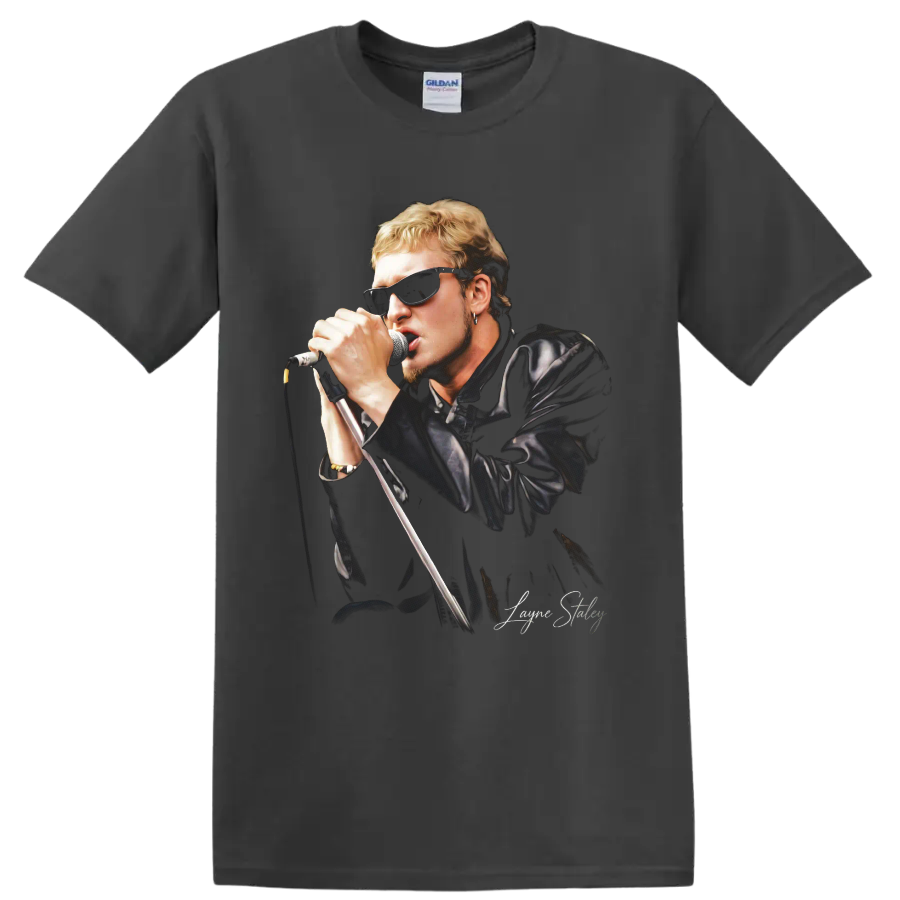 Layne Staley singing into a microphone in a grunge rock portrait on a Charcoal T Shirt